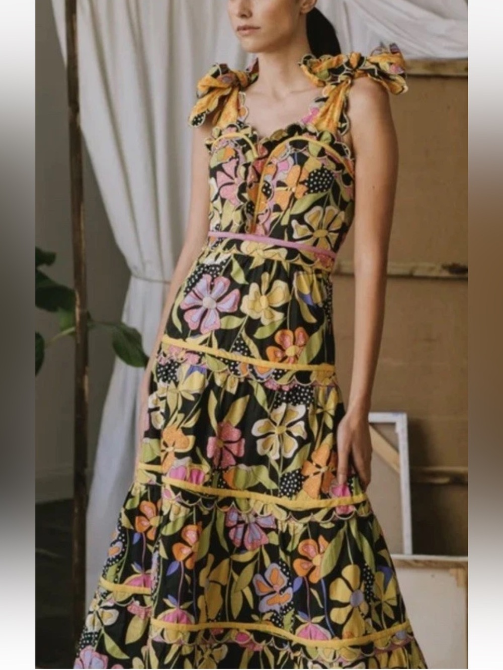 Celia B Black Colorful Flower Scalloped Tiered Tie Shoulder Dress A-line M